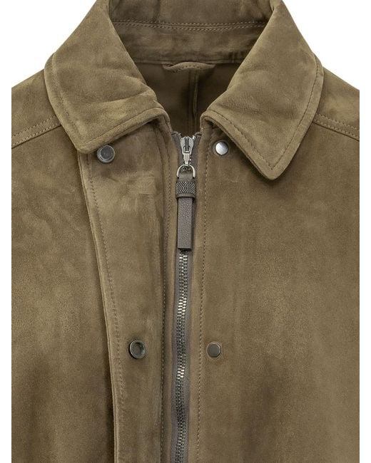Brunello Cucinelli Green Solid Shirt Collar Jacket