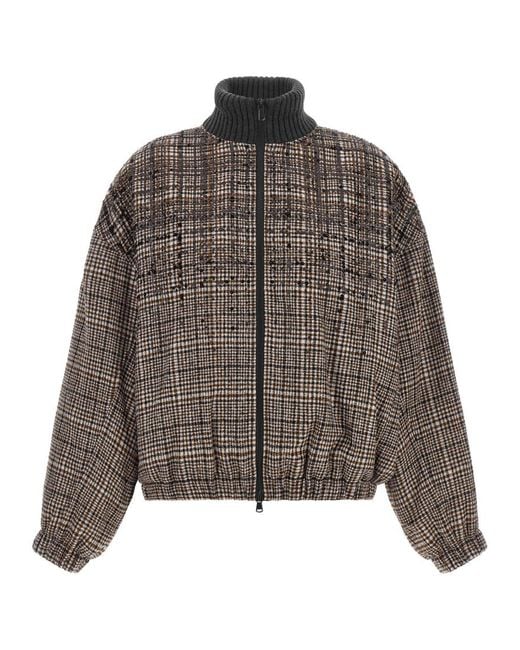 Brunello Cucinelli Brown Checks Mock Collar Jacket