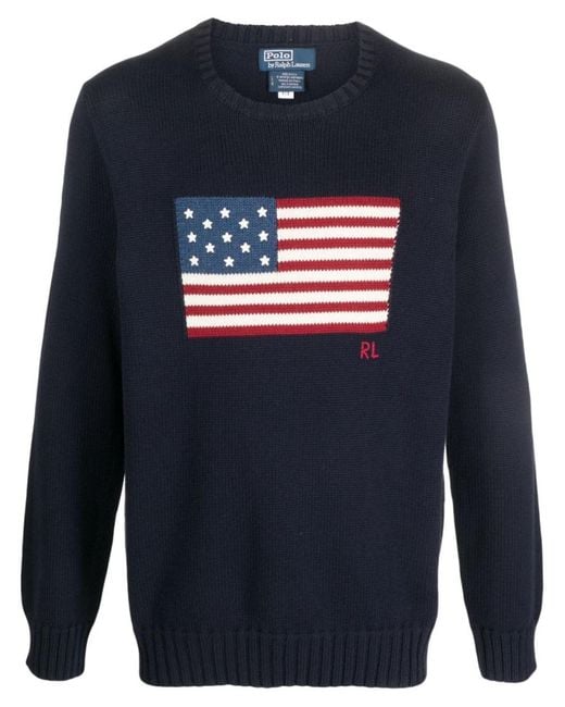 Ralph Lauren Blue Crewneck Sweater With American Flag Graphic for men