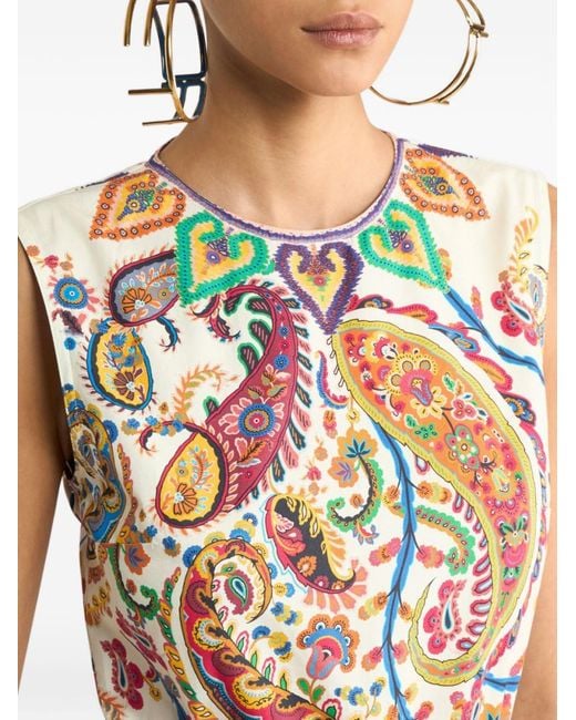 Etro Natural Long Cotton Dress With Floral Paisley Print