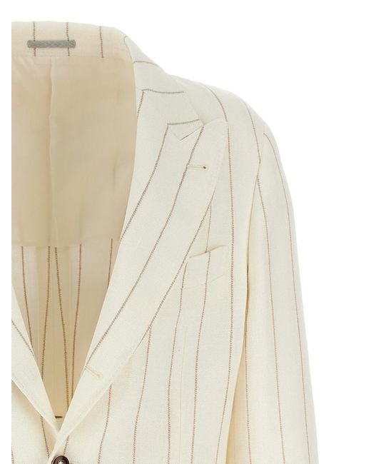 Brunello Cucinelli White Pinstriped Deconstructed Blazer for men