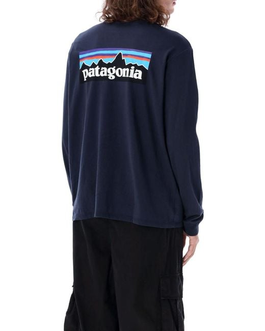 Patagonia Blue Long-Sleeved P-6 Logo Responsibili-Tee for men