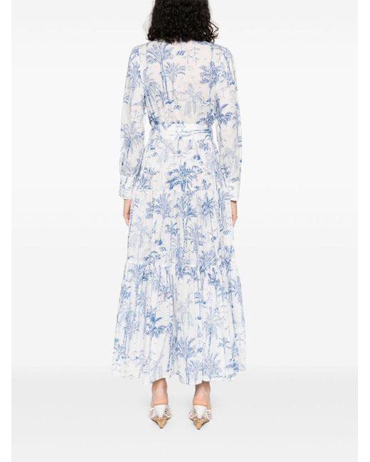 Mc2 Saint Barth Blue Tropical Print Maxi Dress With Front Button Fastening And Belted Waist