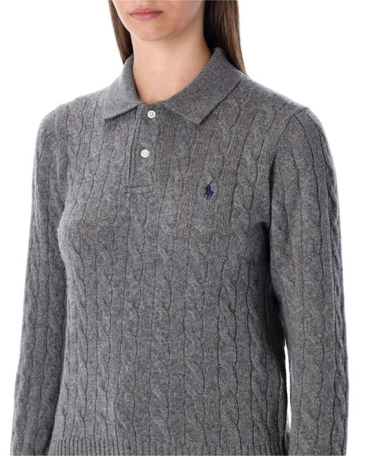 Ralph Lauren Gray Cable-Knit Wool Cashmere Polo Sweater