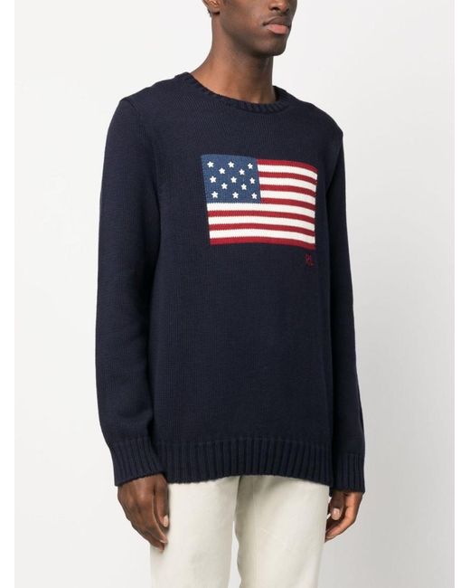 Ralph Lauren Blue Crewneck Sweater With American Flag Graphic for men