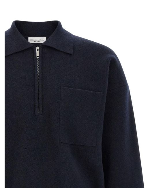 Roberto Collina Blue Half Zip Polo for men
