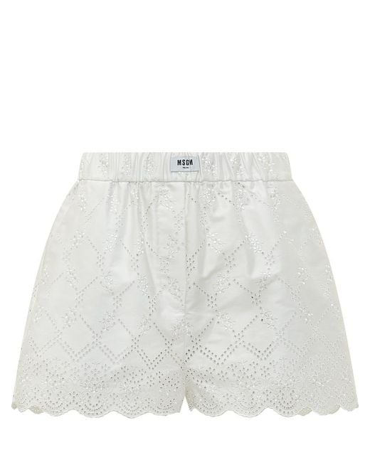 MSGM White Embroidered Shorts