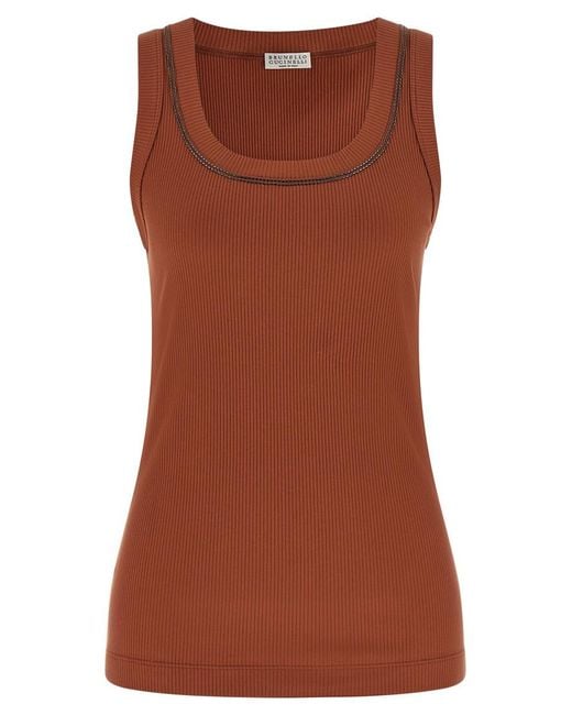 Brunello Cucinelli Brown Solid Scoop Neck Top