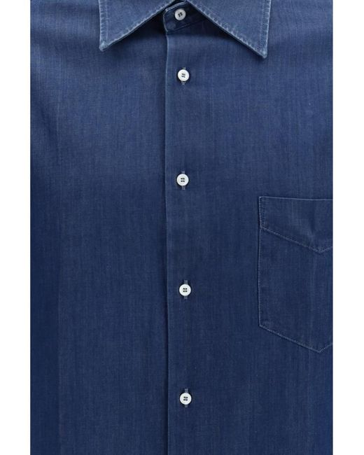 Brunello Cucinelli Blue Solid Denim Shirt for men