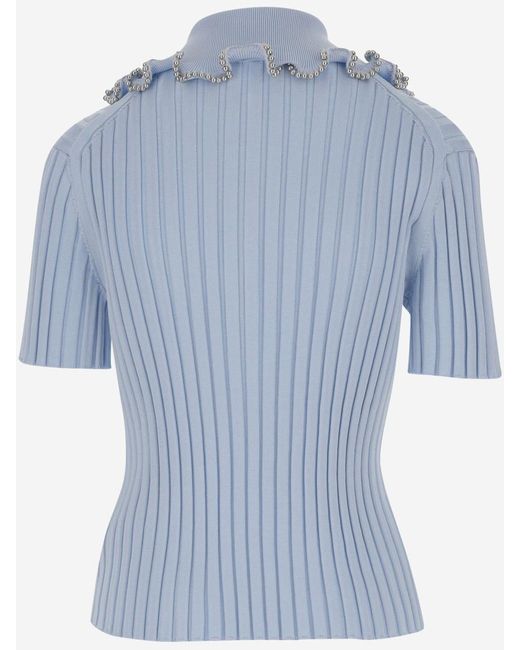 Jil Sander Blue Viscose Blend Polo Shirt With Ruffle Flounce
