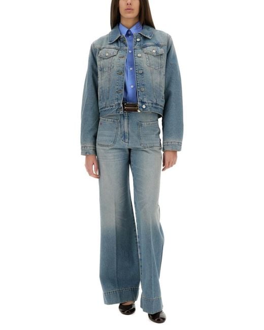 Victoria Beckham Blue Solid Shirt Collar Jacket