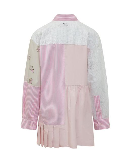 MSGM Pink Patchwork Shirt Collar Mini Dress