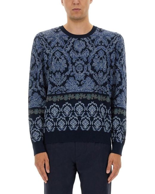 Etro Blue Cotton Sweater With Decorative Pattern for men