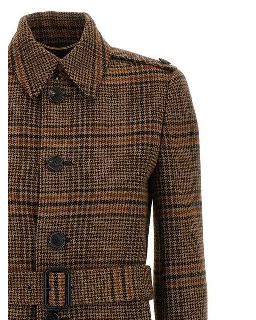 Saint Laurent Brown Prince Of Wales Wool Coat