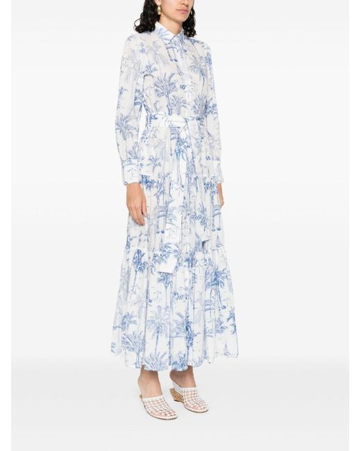 Mc2 Saint Barth Blue Tropical Print Maxi Dress With Front Button Fastening And Belted Waist