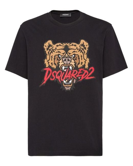DSquared² Black Cotton T-Shirt With Front Bear Print for men