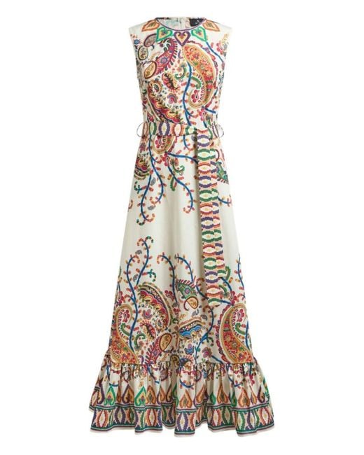 Etro Natural Long Cotton Dress With Floral Paisley Print