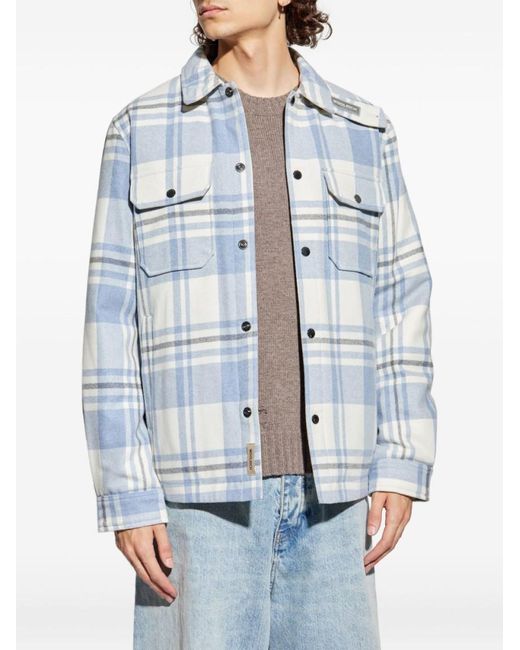 Woolrich Blue Plaid Logo Jacket With Structured Collar for men