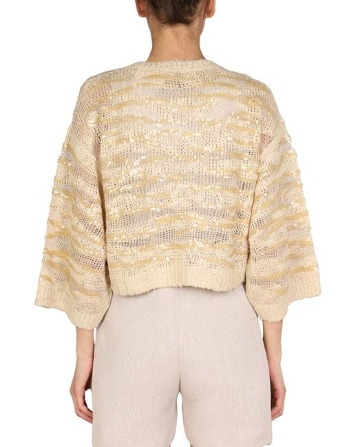 Brunello Cucinelli Natural Embellished Crew Neck Sweater