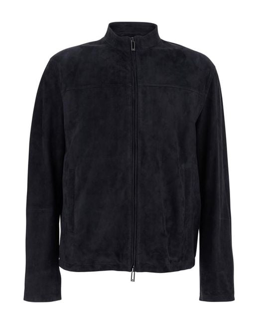 Emporio Armani Blue High Collar Suede Sweatshirt for men