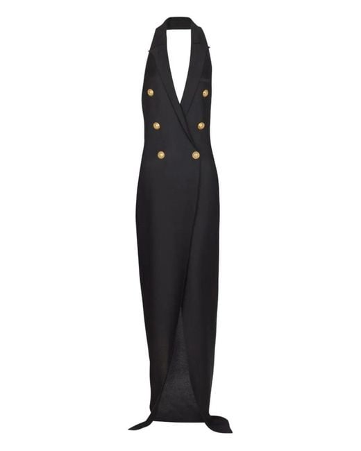 Balmain Black 6 Buttons Long Halterneck Knit Dress