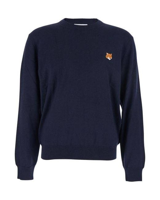 Maison Kitsuné Blue Crew Neck Sweater With Fox Patch for men
