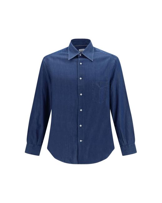 Brunello Cucinelli Blue Solid Denim Shirt for men