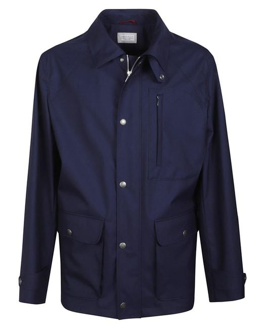 Brunello Cucinelli Blue Solid Shirt Collar Jacket for men
