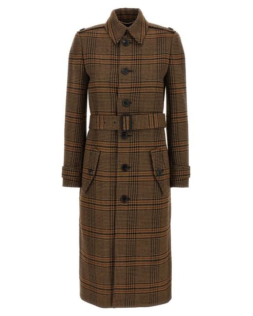 Saint Laurent Brown Prince Of Wales Wool Coat