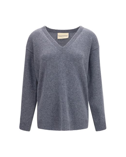 Valentino Blue Solid V Neck Sweater
