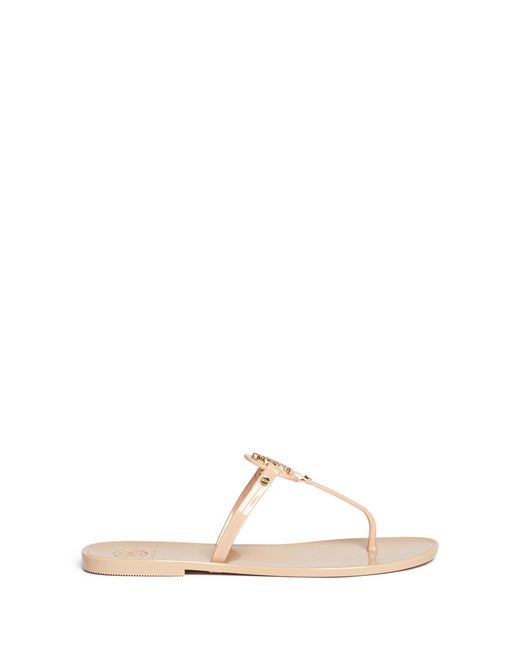 Tory Burch Natural 'Mini Miller' Crystal Logo Jelly Thong Sandals