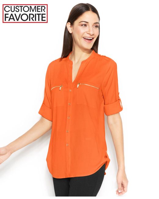 Calvin Klein Orange Roll-tab-sleeve Zip-pocket Blouse - Available In 16 Colors