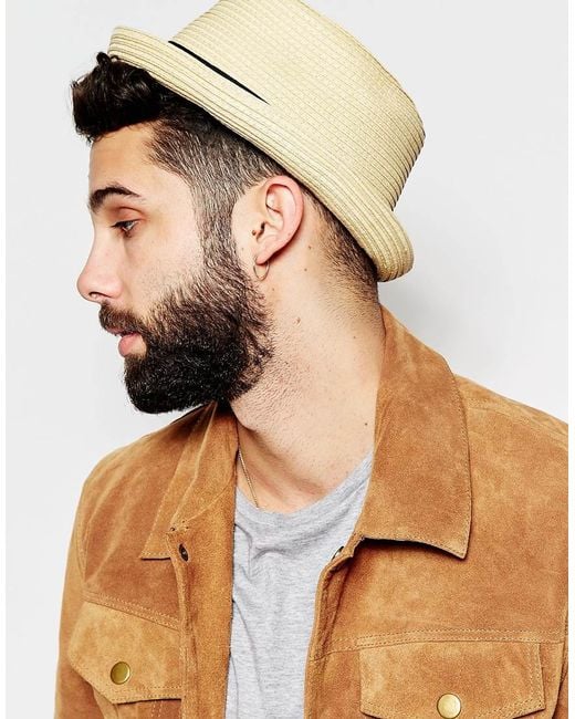 ASOS Natural Straw Pork Pie Hat With Black Band for men