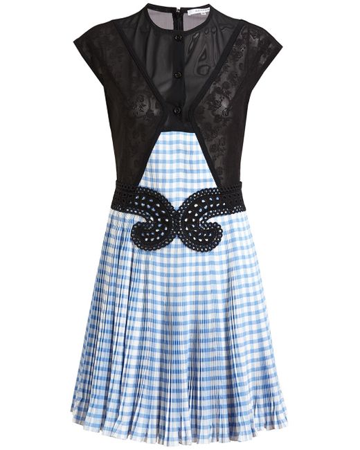 Carven Blue Pleated Gingham and Mesh Dress