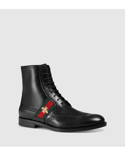 Gucci Black Leather Boot With Bee Web for men