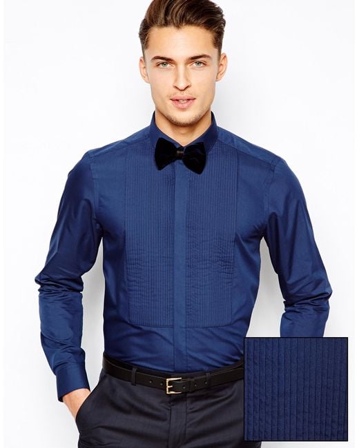 ASOS Blue Smart Tux Shirt with Pleated Bib Front and Long Sleeves for men
