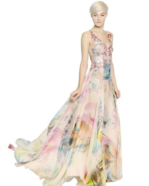 Blumarine Natural Sequined Printed Silk Chiffon Long Dress