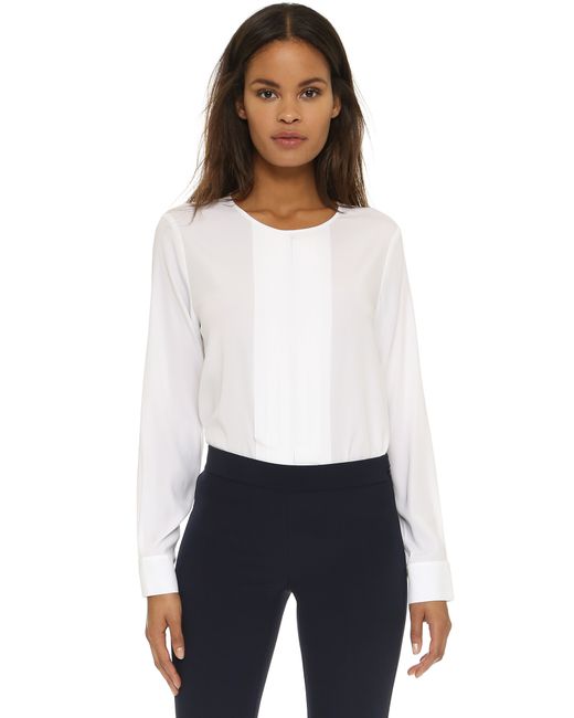 DKNY Long Sleeve Back Zip Pleated Front Blouse - White | Lyst