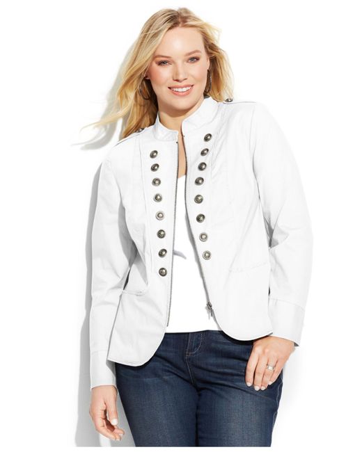 INC International Concepts White Plus Size Zip-Front Military Jacket