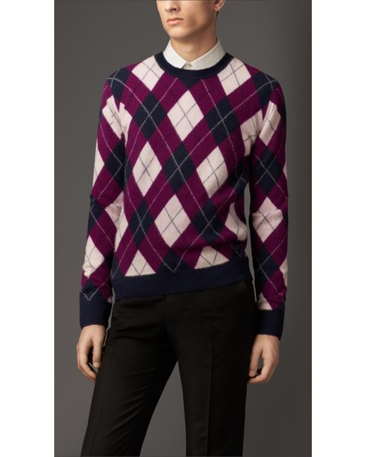 Burberry Purple Cashmere Argyle Sweater for men