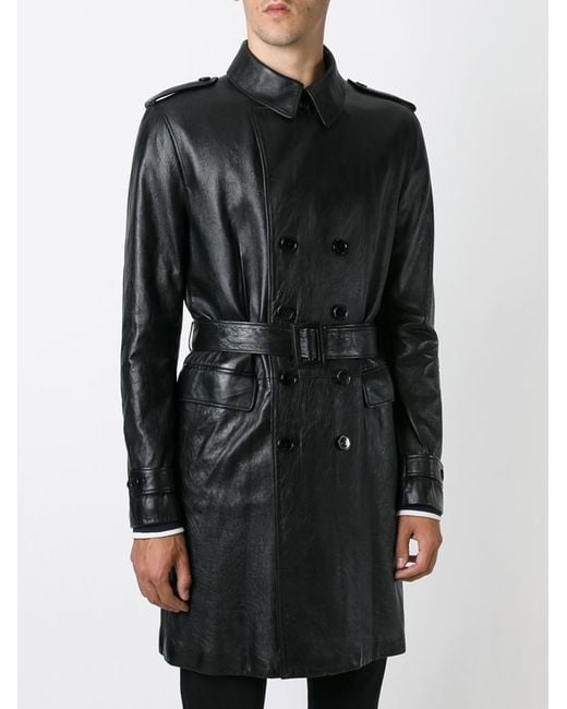 Saint laurent Double-Breasted Leather Overcoat in Black for Men | Lyst