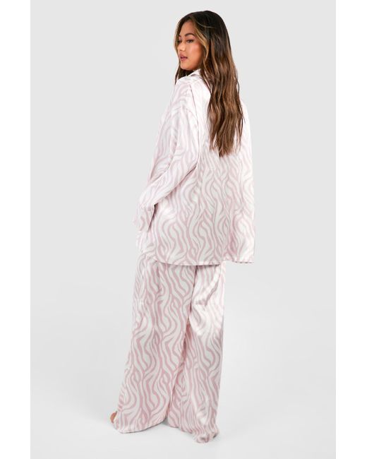 Boohoo Pink Oversized Tonal Zebra Print Satin Pyjama Set