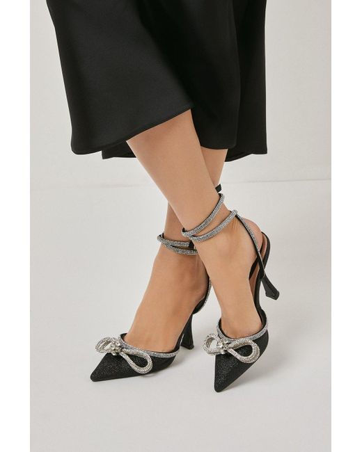 Wallis Black Glorious Glitter Diamante Bow Stiletto Pointed Court Shoes