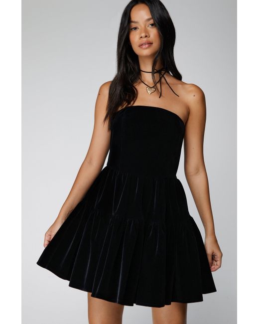 Nasty Gal Black Structured Velvet Bandeau Tiered Mini Dress