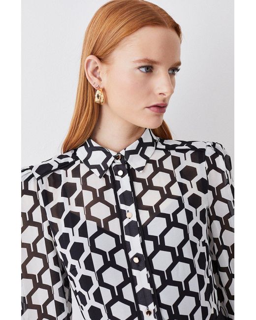 Karen Millen White Mono Geo Pleat Detail Belted Woven Maxi Dress