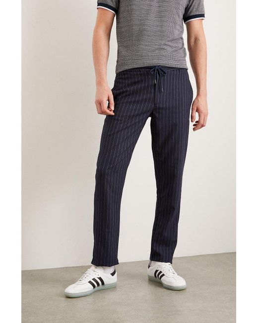 Burton Blue Slim Fit Navy Pinstripe Drawstring Trousers for men