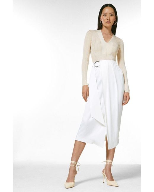 Karen Millen White Viscose Satin Crepe Wrap Midi Skirt