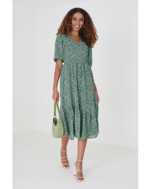 Brave Soul Green 'ellen' Tiered Wrap Style Midi Dress
