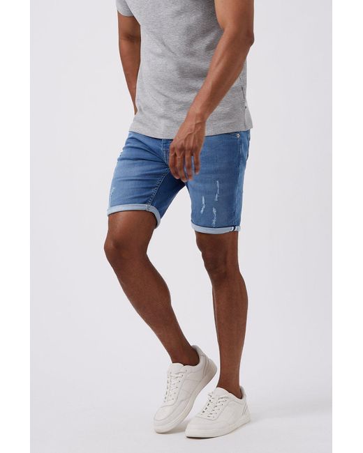 Burton Gray Light Blue Distressed Skinny Denim Shorts for men