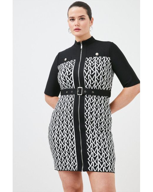 Karen Millen Black Plus Size Bandage Recycle Knit Belted Logo Dress